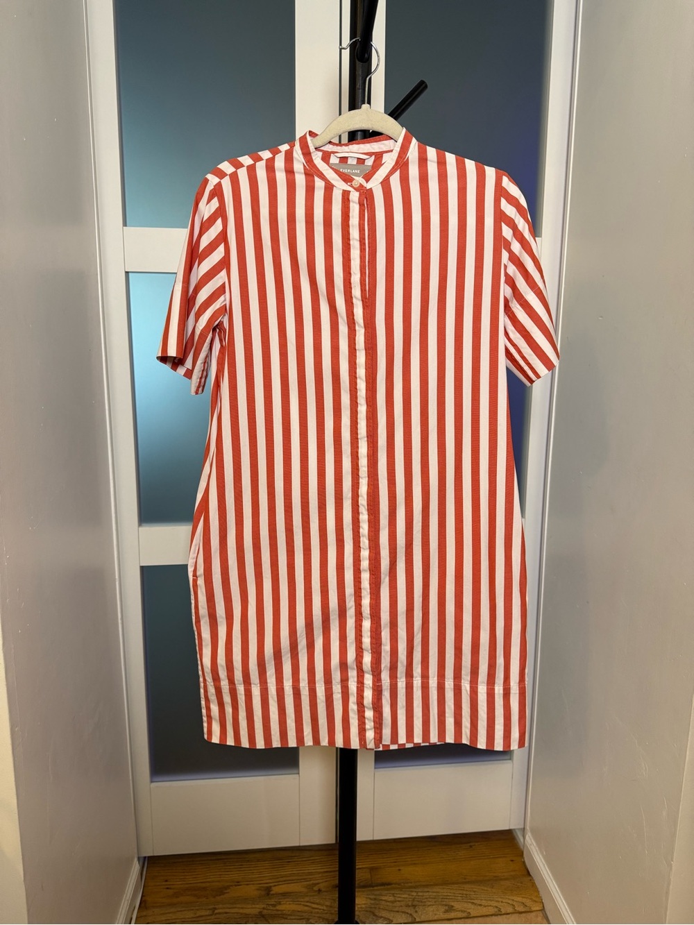 Everlane Red and White Striped Button-Up Shirt Mini Dress, size 0.